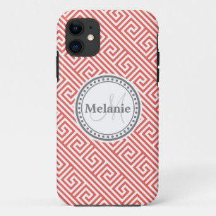 Custom Monogram Coral Greek Key Pattern Case-Mate iPhone Case
