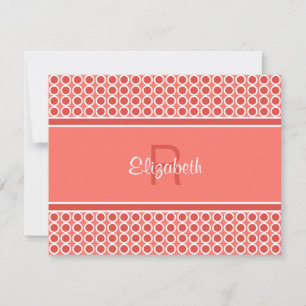 Custom Monogram Coral Red White Geometric Pattern Card