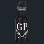 Custom monogram crest logo black water bottle<br><div class="desc">Custom monogram crest logo black water bottle. Initialled elegant laurel wreath design. Custom monogrammed gifts for sports and more. Personalised gift for him or her. Classy corporate business gift idea for clients, partners, customers etc. Unique presents for sporty men and women. Make your own luxury present for dad, husband, father,...</div>