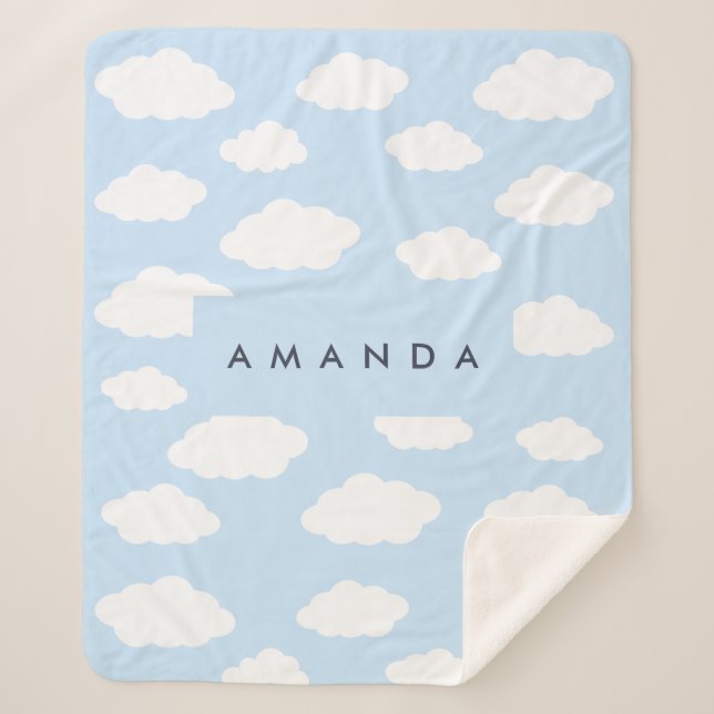 Custom Monogram Cute Girly Blue Cloud Gifts Sherpa Blanket (Front)