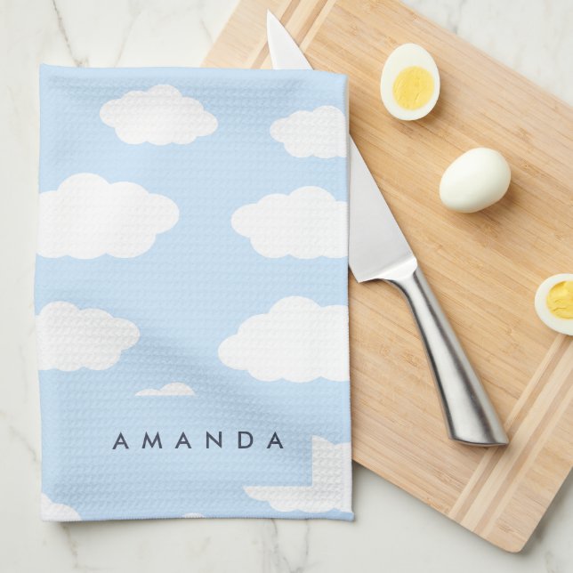 Custom Monogram Cute Girly Blue Cloud Gifts Tea Towel (Quarter Fold)