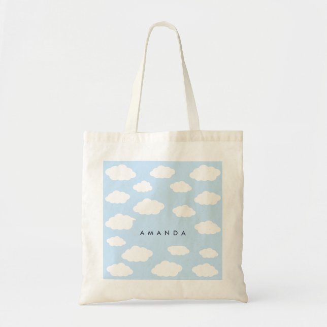 Custom Monogram Cute Girly Blue Cloud Gifts Tote Bag (Front)