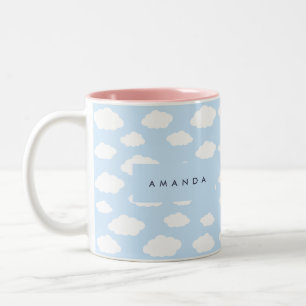 Custom Monogram Cute Girly Blue Cloud Gifts Two-Tone Coffee Mug