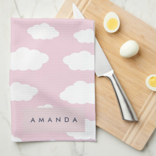 Custom Monogram Cute Girly Pink Cloud Gifts Tea Towel