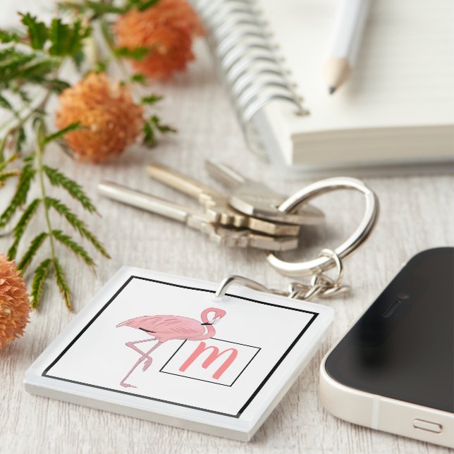 Custom Monogram Cute Pink Flamingo Watercolor Art Key Ring (Front Right)