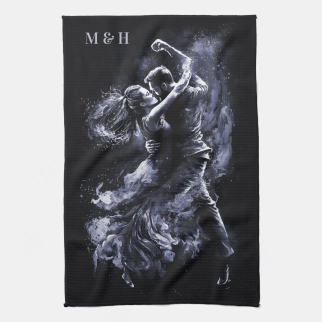Custom Monogram Dancing Couple Tea Towel (Vertical)