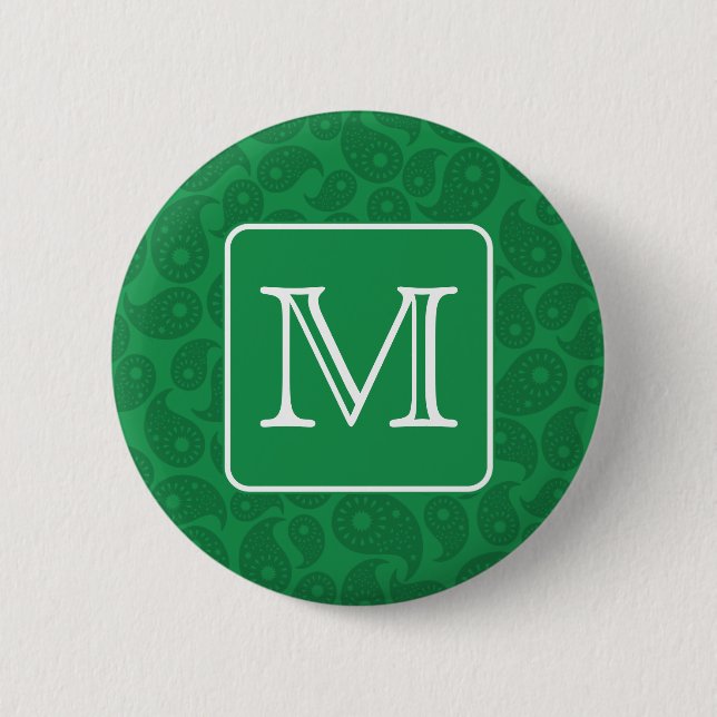 Custom Monogram. Dark Green Paisley Pattern. 6 Cm Round Badge (Front)