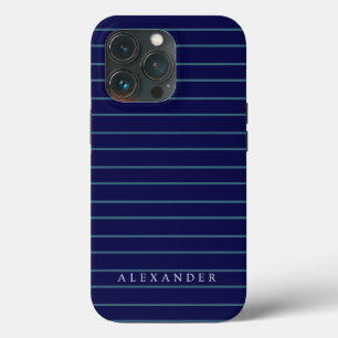 Custom Monogram Dark Navy Blue Stripes Monogrammed iPhone 13 Pro Case