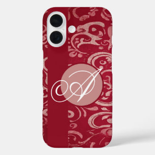 Custom Monogram Dark Red Ornamental Floral iPhone 16 Case