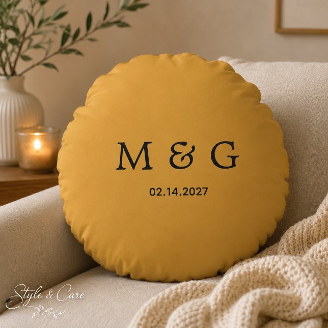 Custom Monogram Date Mustard Yellow Round Cushion (Custom Monogram Date Mustard Yellow Round Pillow)