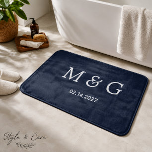 Custom Monogram Date Navy Blue Stylish Bath Mat