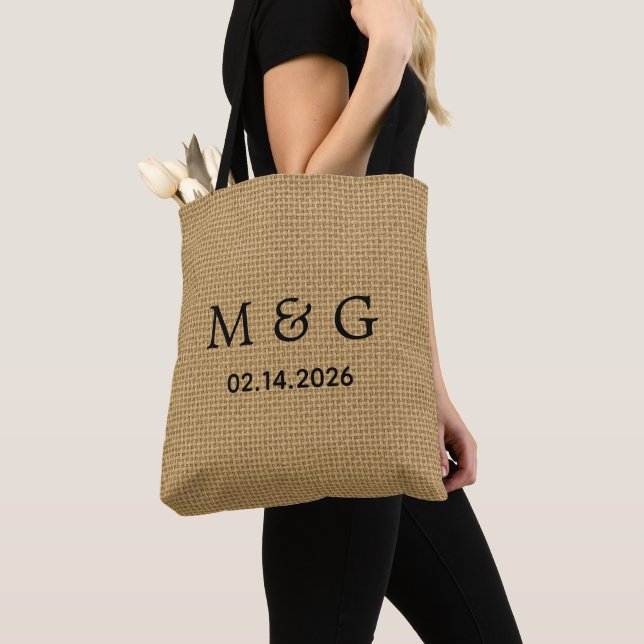 Custom Monogram Date on Natural Jute Pattern Tote Bag (Close Up)