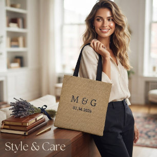 Custom Monogram Date on Natural Jute Pattern Tote Bag