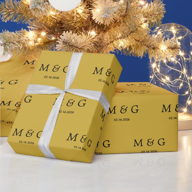 Custom Monogram Date Pattern Metallic Gold Wrapping Paper (Holidays)