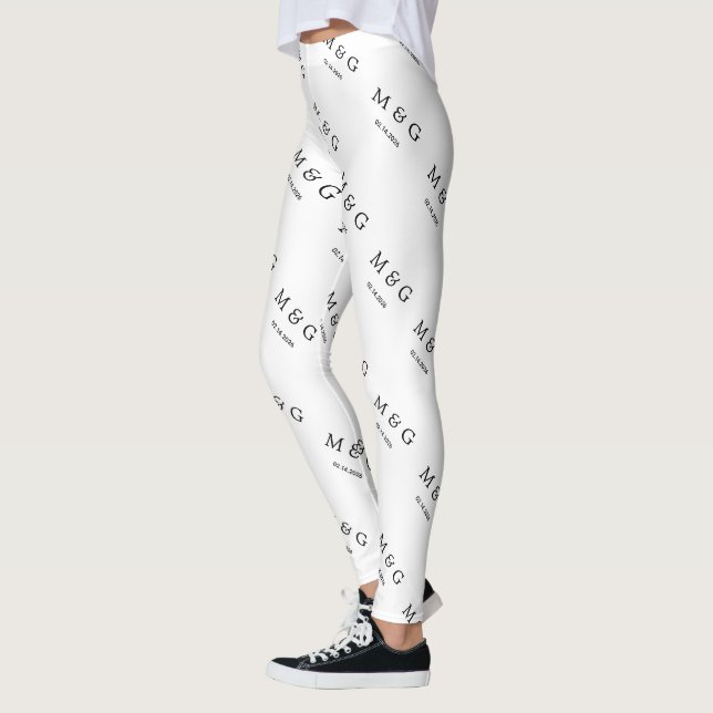 Custom Monogram Date Pattern Stylish White Leggings (Left)