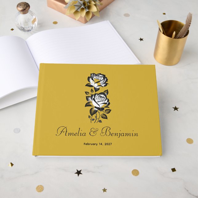 Custom Monogram Date with Rose Mark Metallic Gold Guest Book (Front Open)