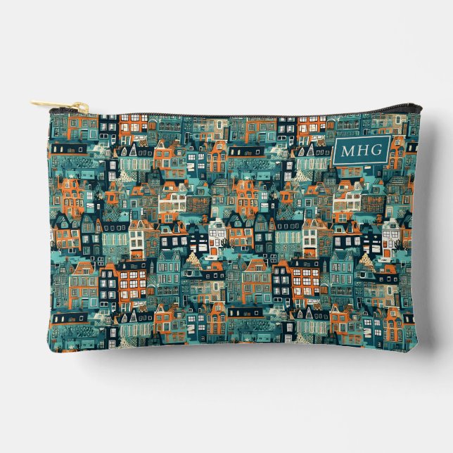 Custom Monogram Dutch Houses Pattern Accessory Pouch (Front)