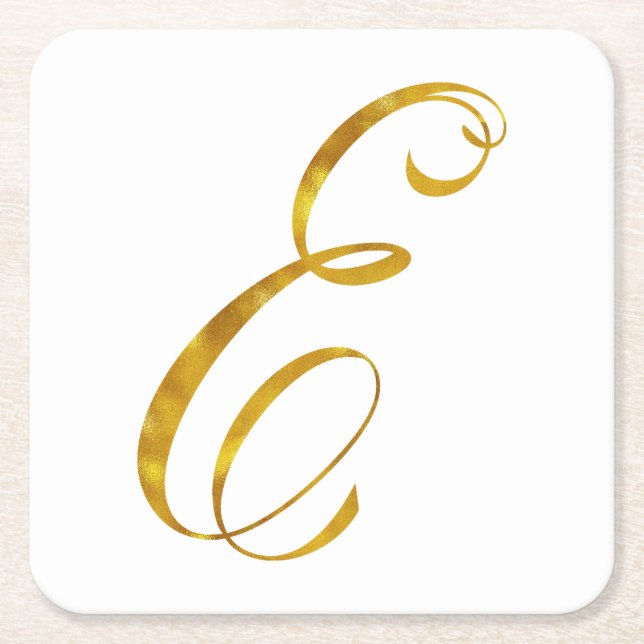 Custom Monogram E Faux Gold Foil Monograms Initial Square Paper Coaster (Front)