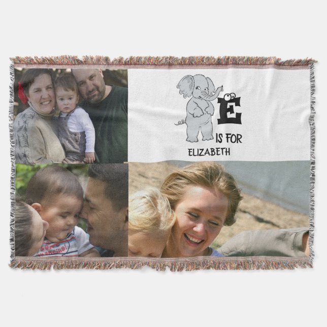 Custom monogram E is for cute colourful Elephant Throw Blanket (Front)