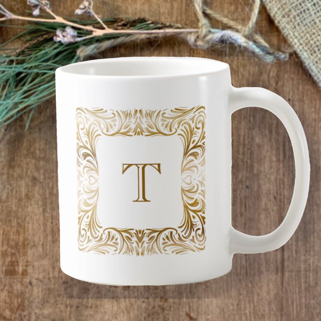 Custom Monogram Elegant Golden John 3:16 Christmas Coffee Mug (Personalized Elegant monogram mug with original golden design and editable John 3:16 Bible Verse. )