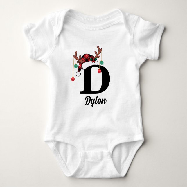 Custom Monogram Family Christmas Plaid Santa Hat Baby Bodysuit (Front)