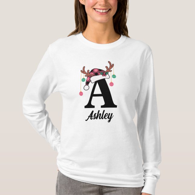 Custom Monogram Family Christmas Plaid Santa Hat T-Shirt (Front)