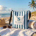 Custom Monogram Family Name Blue Cabana Stripe Crossbody Bag<br><div class="desc">Step out in style with this classic blue and white cabana striped crossbody bag. Perfect for beach days, family vacations, or everyday errands, this versatile bag features a customizable center plaque. Easily personalize the template with your own monogram initial, family last name, and established year to make it uniquely yours....</div>