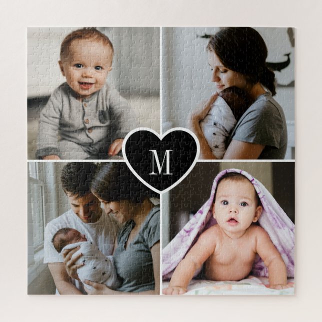 Custom Monogram Family Photo Collage Black Heart Jigsaw Puzzle (Vertical)