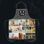 Custom Monogram Family Photo Collage Chic Black Apron<br><div class="desc">Perfect gift for Mother's Day,  Birthday,  or the Holidays: A modern apron customized with ten of your personal favorite photos as well as a custom monogram and name in chic script typography. This is the black and white striped version.</div>