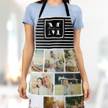 Custom Monogram Family Photo Collage Chic Black Apron<br><div class="desc">Perfect gift for Mother's Day,  Birthday,  or the Holidays: A modern apron customised with ten of your personal favourite photos as well as a custom monogram and name in chic script typography. This is the black and white striped version.</div>