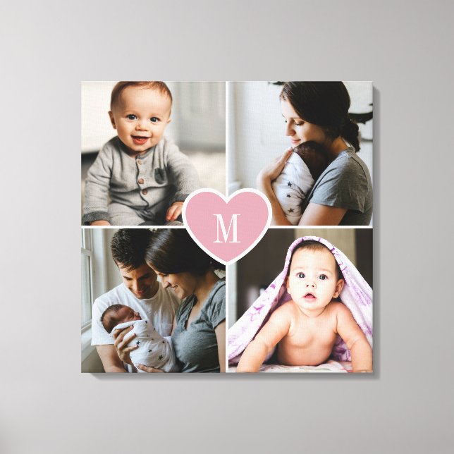 Custom Monogram Family Photo Collage Pink Heart Canvas Print (Front)