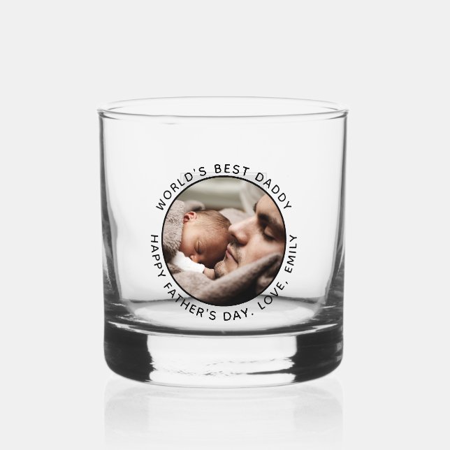 Custom Monogram Father's Day Cute Minimalist Photo Whiskey Glass (Front)
