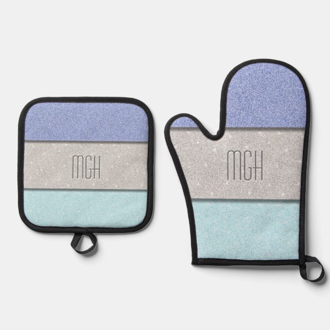 Custom Monogram Faux Glitter Bling Oven Mitt & Pot Holder Set (Front)