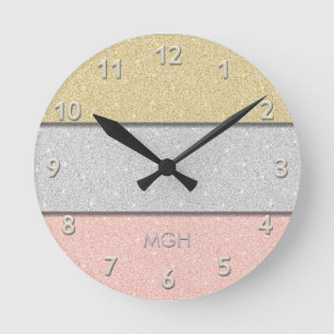 Custom Monogram Faux Glitter Bling Round Clock