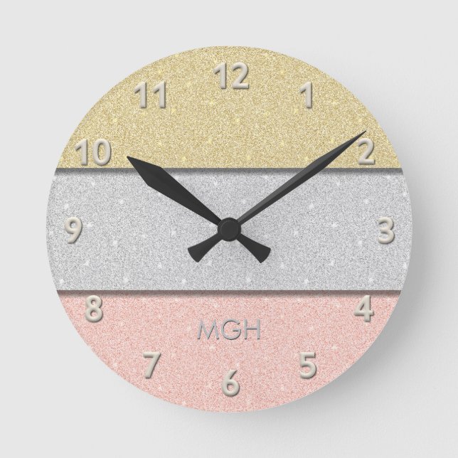 Custom Monogram Faux Glitter Bling Round Clock (Front)
