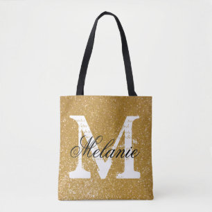 Custom monogram faux gold glitter print tote bags