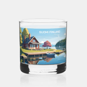 Custom Monogram Finland Nature Illustration Whiskey Glass