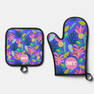 Custom monogram floral blue oven mitts oven mitt & pot holder set