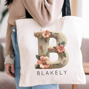 Custom Monogram Floral Embroidery Effect Wedding Tote Bag