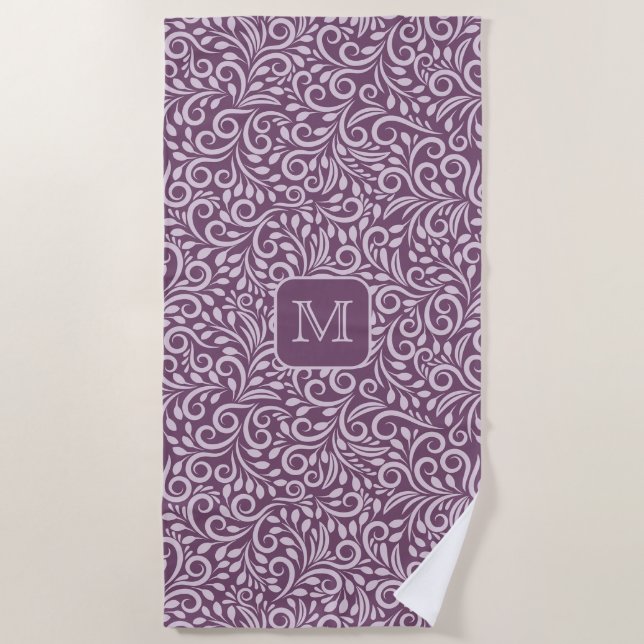 Custom Monogram Floral Leaf Pattern Beach Towel (Front)