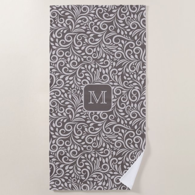 Custom Monogram Floral Leaf Pattern Beach Towel (Front)