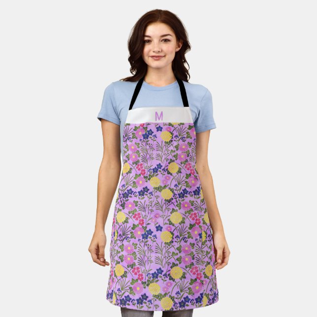 Custom monogram floral trendy cute violet apron (Worn)