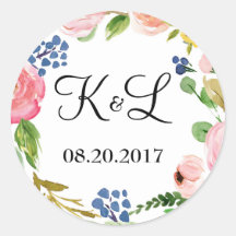 Custom Monogram Floral Wedding Round Sticker Favou