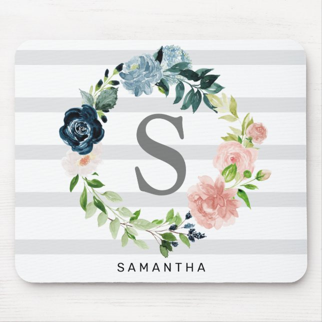 Custom Monogram Floral Wreath Grey Background Mouse Pad (Front)