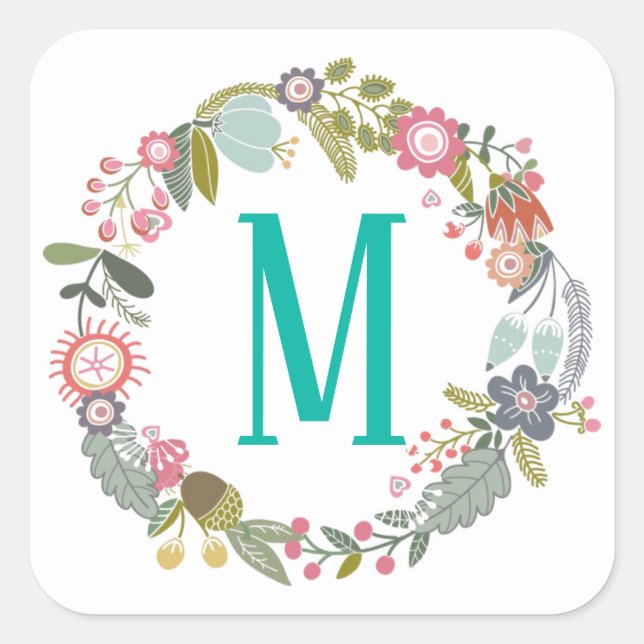 Custom Monogram Floral Wreath Square Sticker (Front)