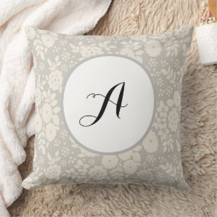 Custom Monogram Flower Pattern Grey Cushion
