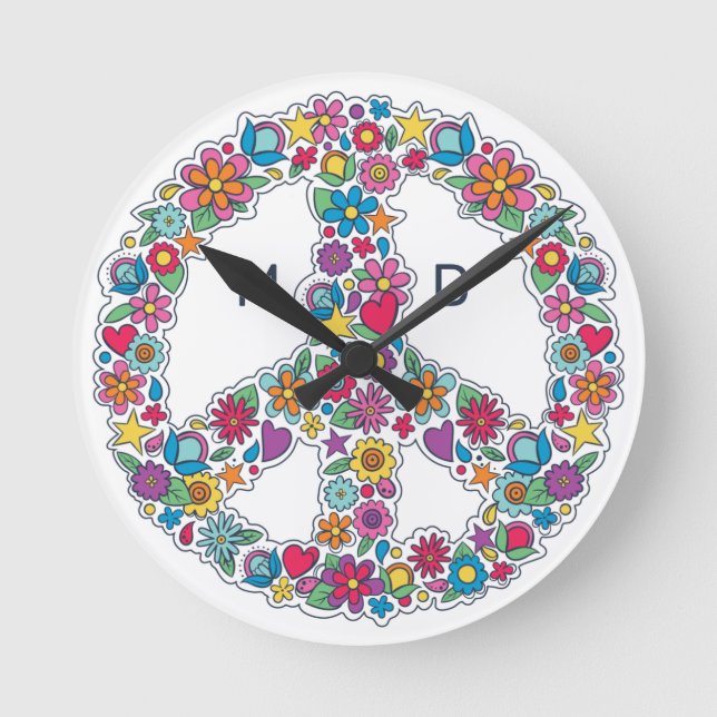 Custom Monogram Flower Peace Sign Round Clock (Front)