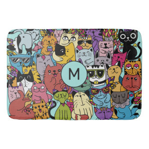 Custom Monogram Funny Cats Illustration Bath Mat
