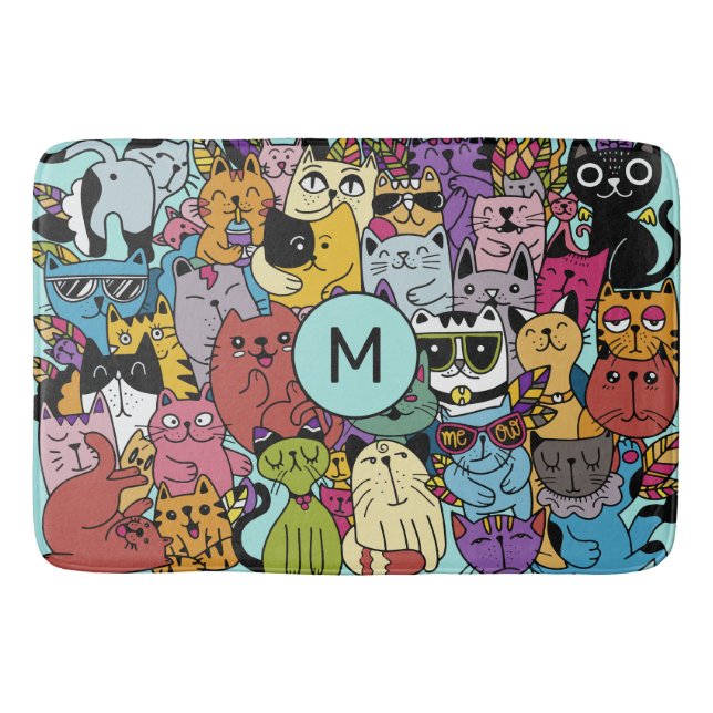Custom Monogram Funny Cats Illustration Bath Mat (Front)