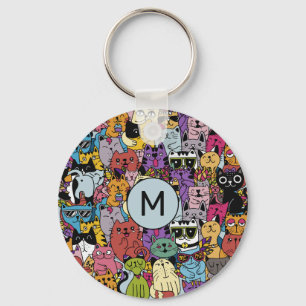 Custom Monogram Funny Cats Illustration Key Ring